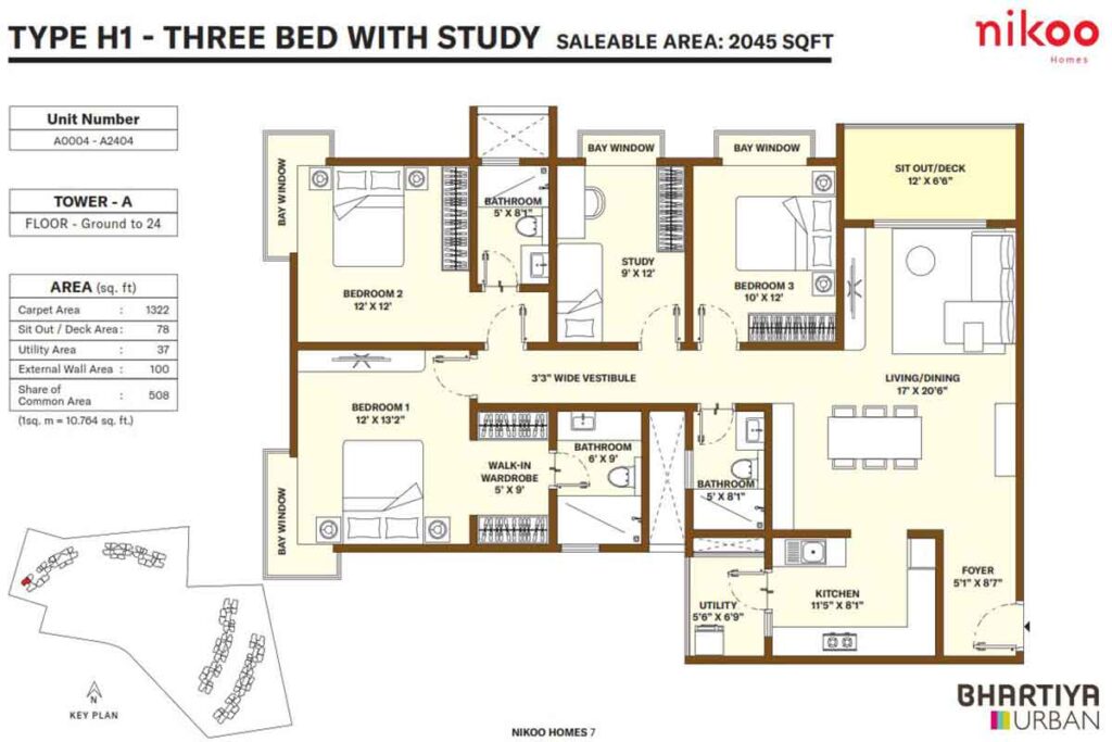Bhartiya Nikoo 9 2 Bedroom + Study 1,428 sq.ft floor plan