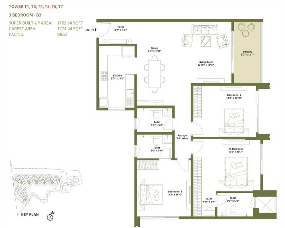 Embassy Green Shores 3 BHK Lake-Facing floor plan