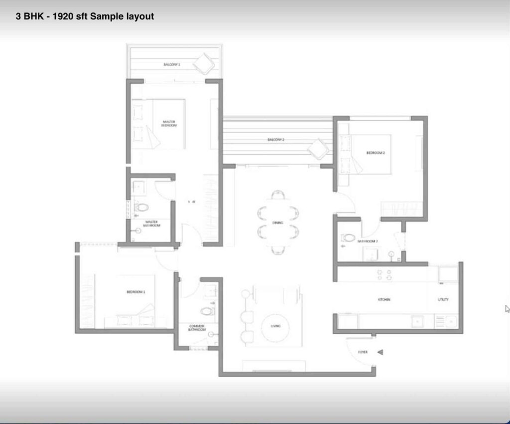 Embassy South Reserve 3 BHK — 1,896 sq.ft. floor plan