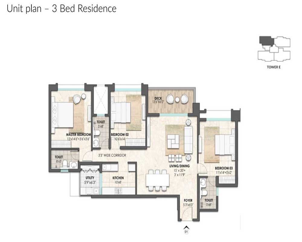 Lodha Azur 3 BHK with Study floor plan