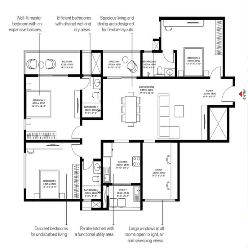 Sobha Altair 3 BHK 2,100 sq.ft floor plan