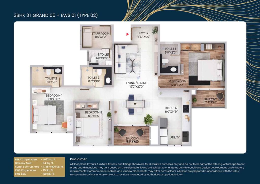 Purva Northern Lights 3 Bedroom + Study floor plan